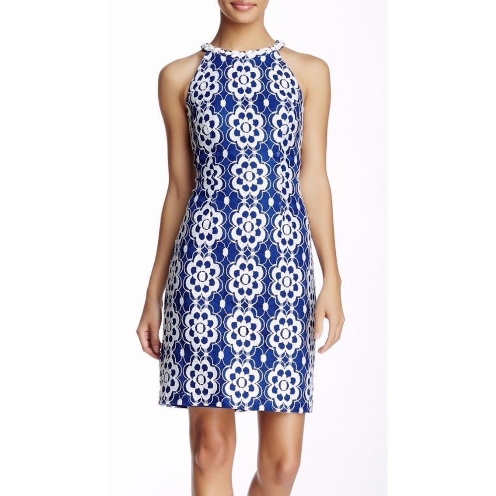 Nine West Riviera‎ Blue Combo Delicate Stretch Flower-Lace Halter Dress Size 6